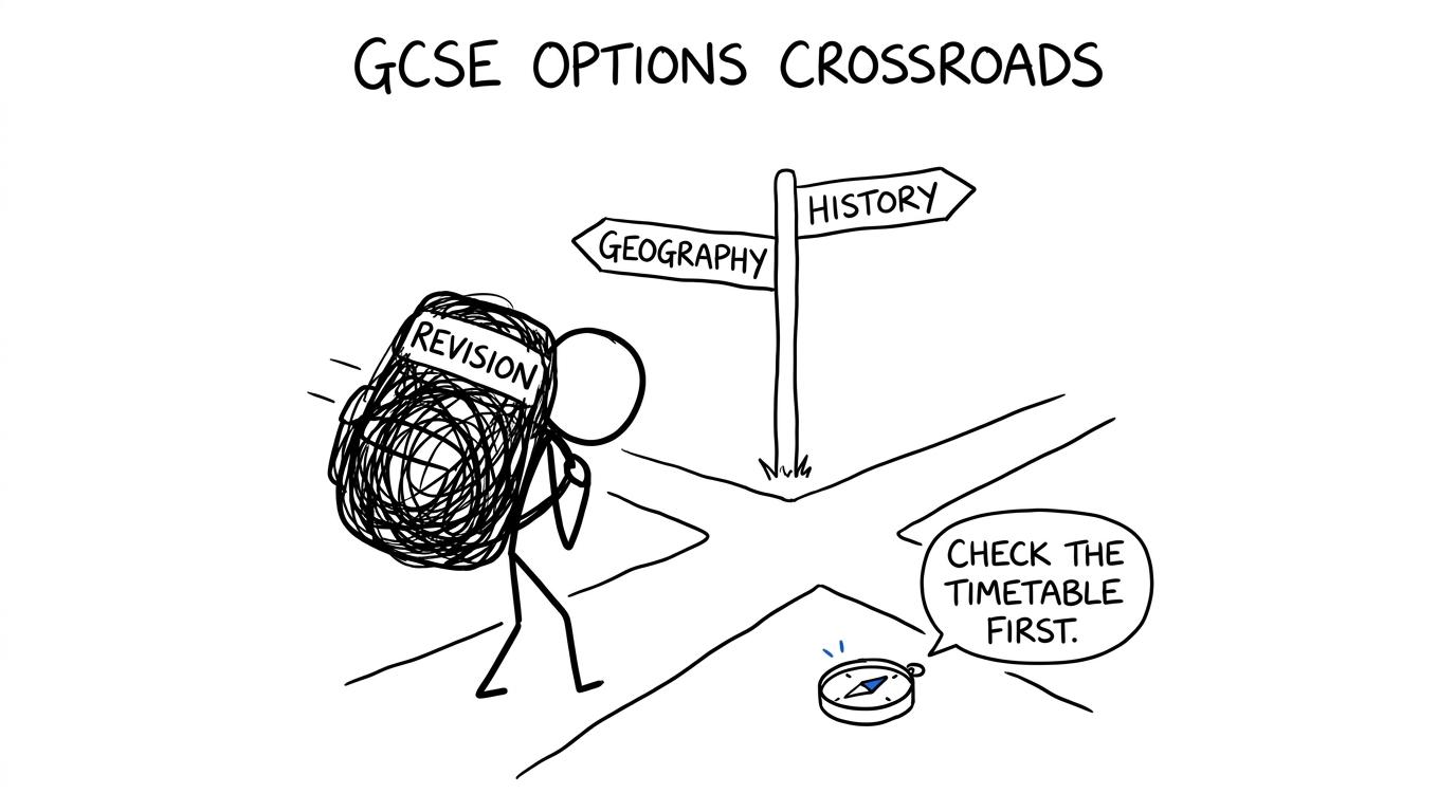 A student choosing between friendly Geography and History signposts
