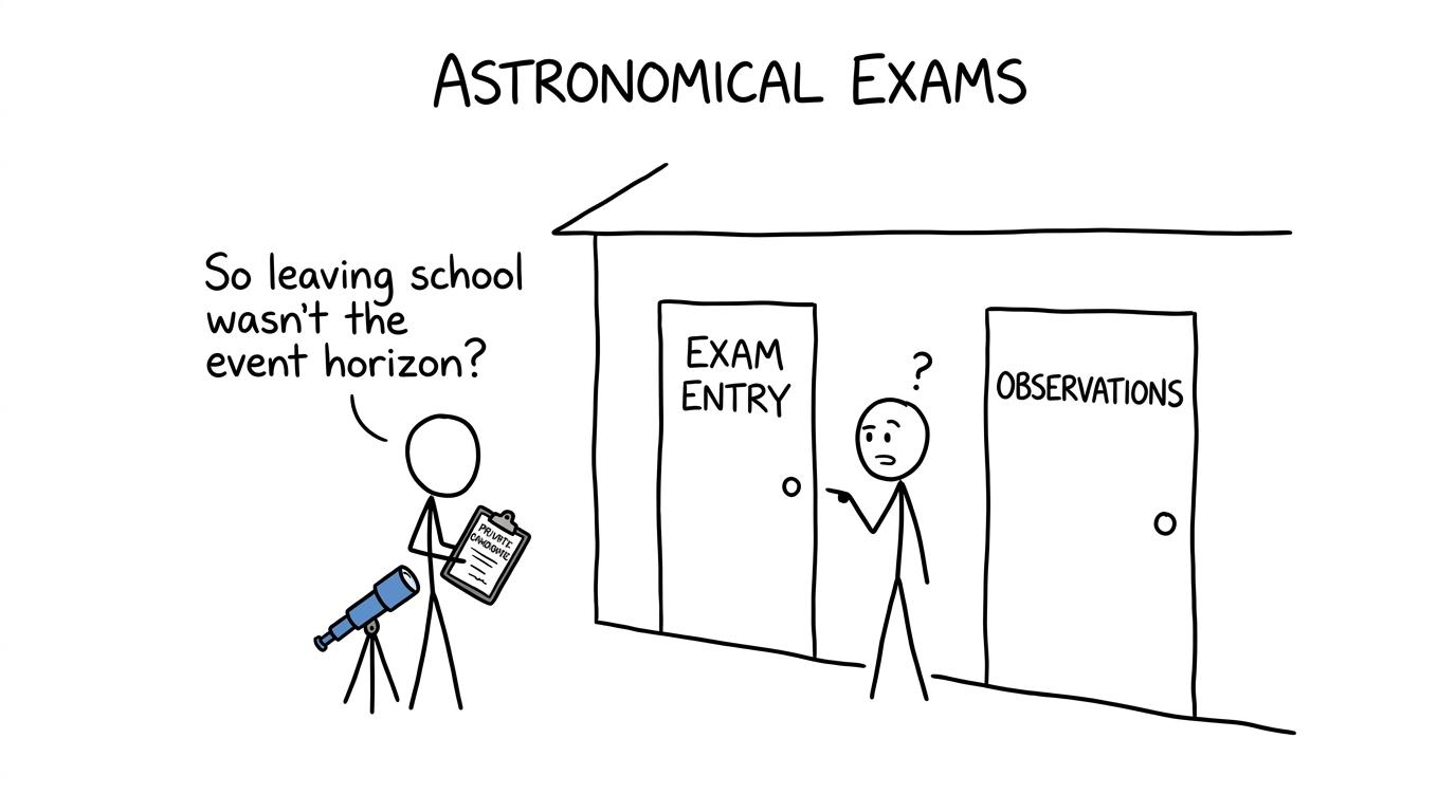 A former student discovers that leaving school is not an astronomical event horizon