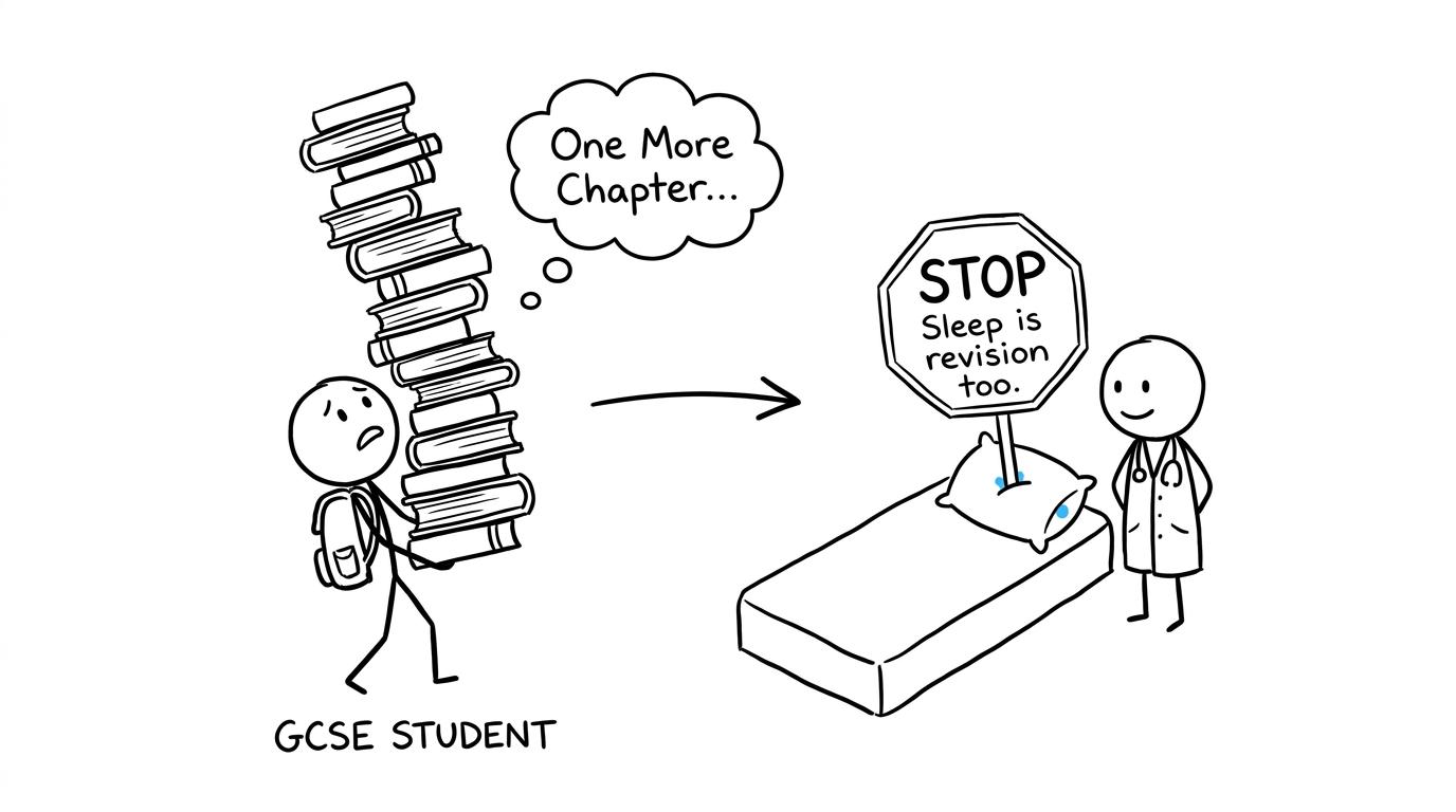 A student carrying too many revision books while a pillow holds up a stop sign