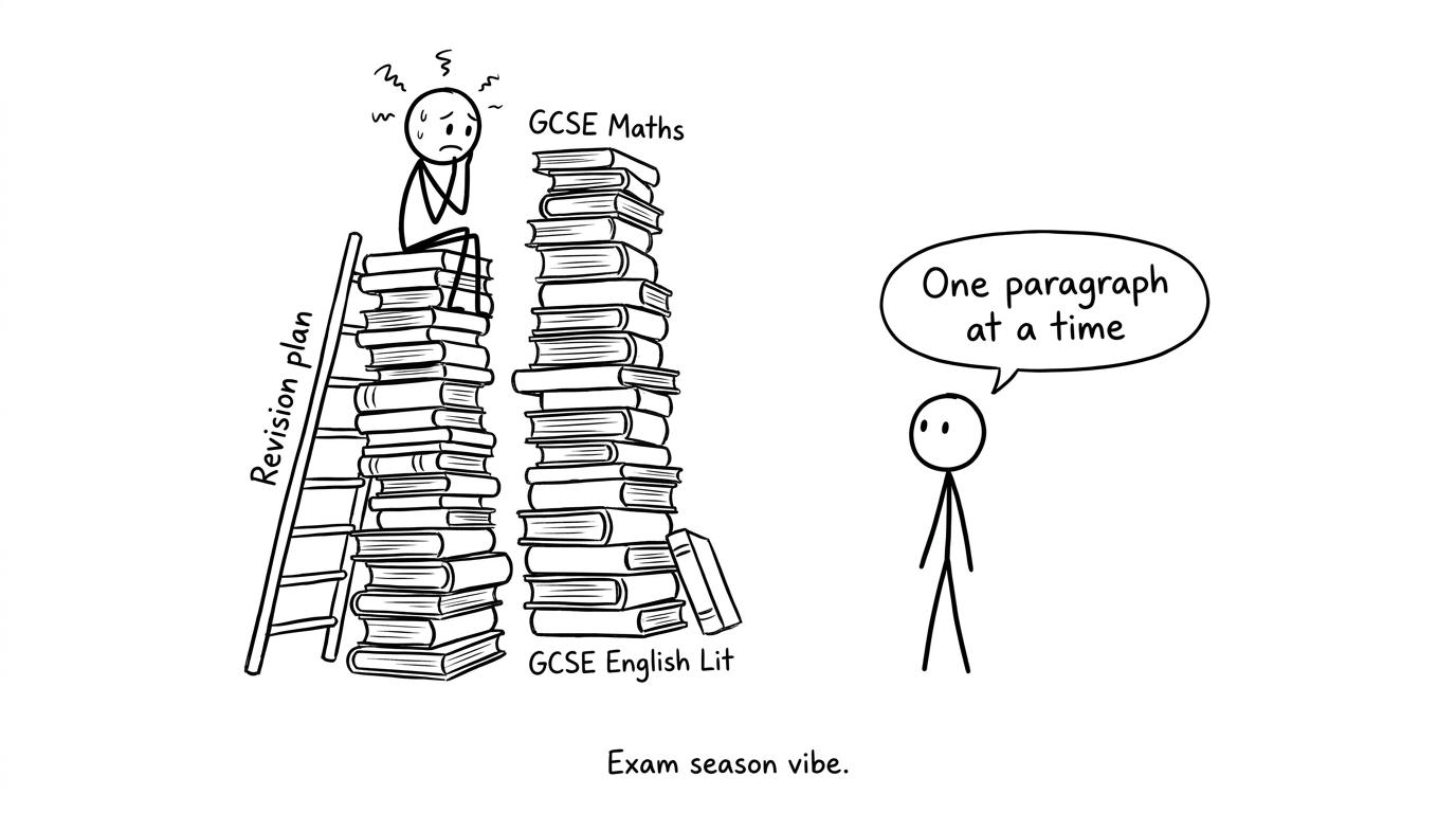 Two stacks labelled GCSE Maths and GCSE English Lit with a revision ladder