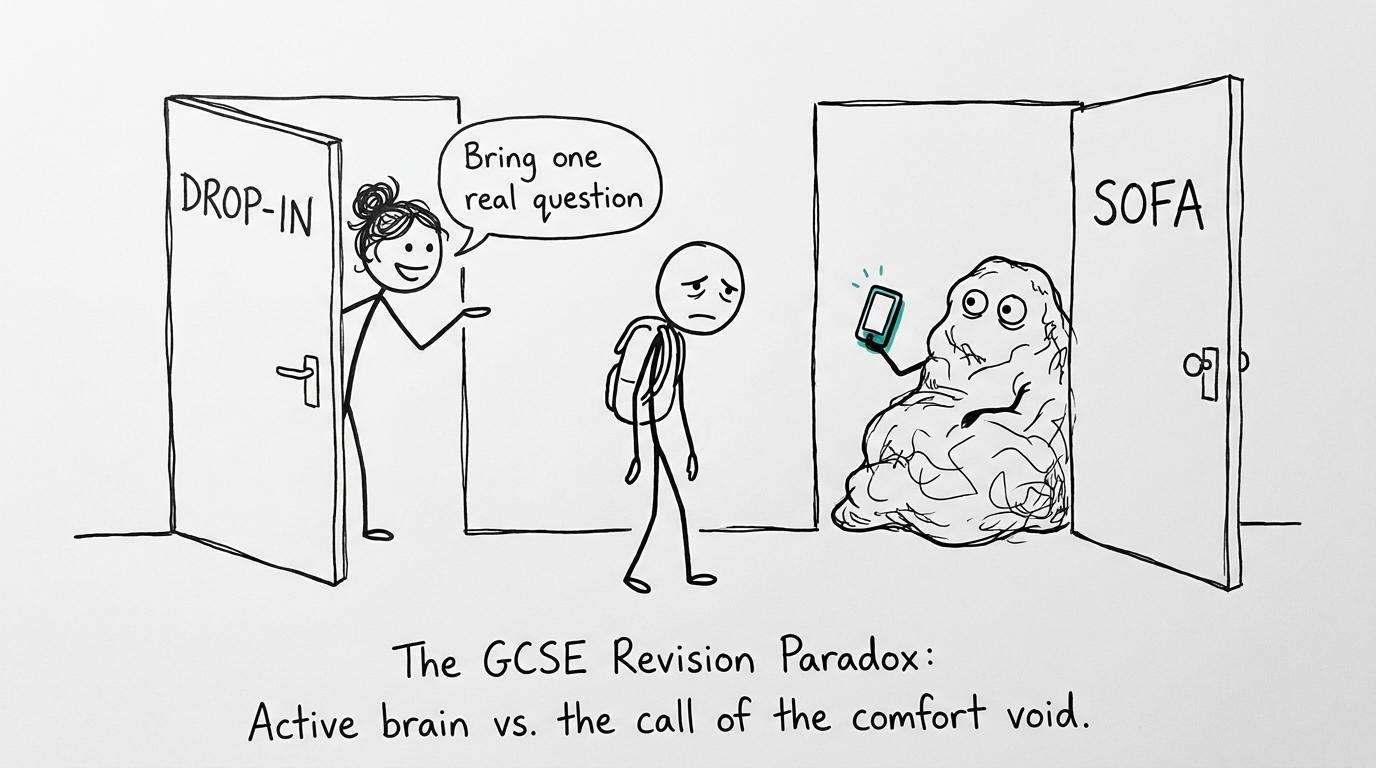 A student choosing between a useful revision drop-in and the sofa