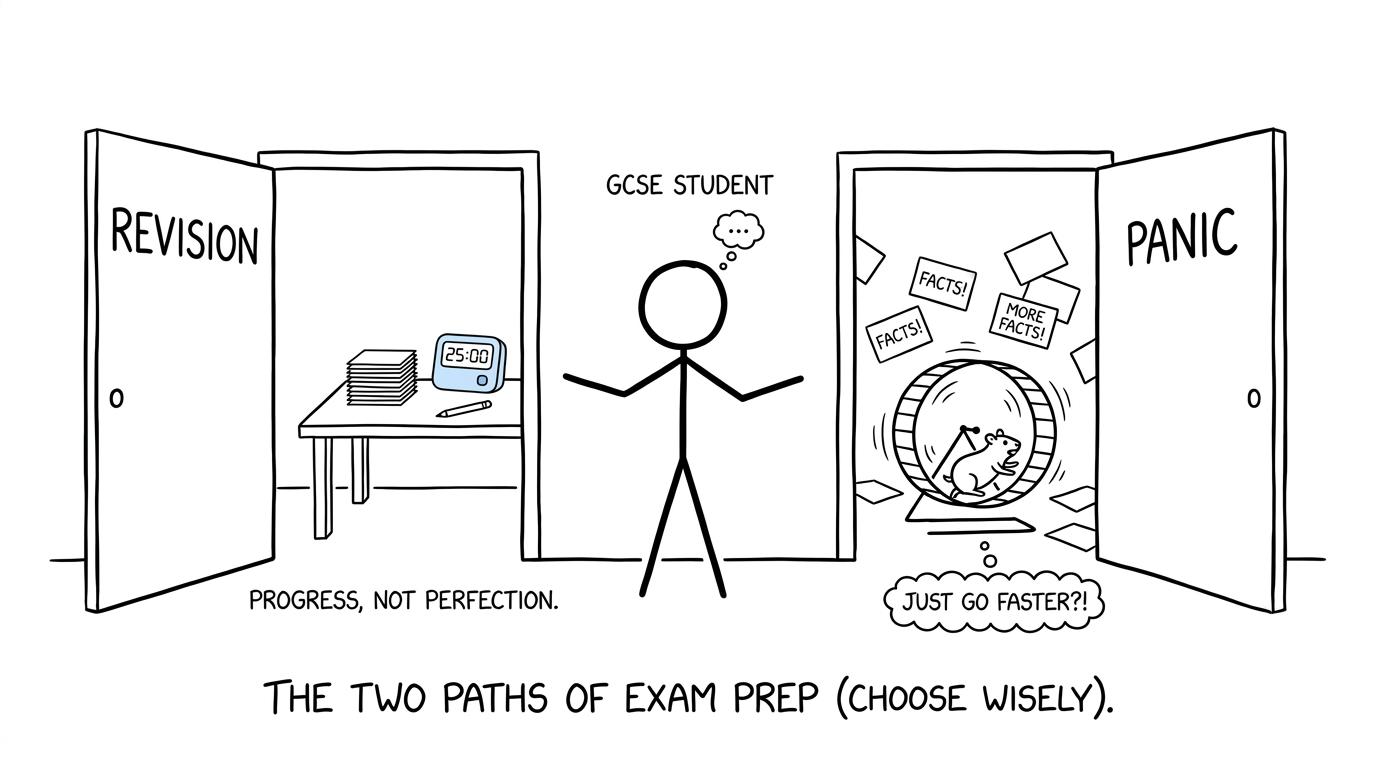 A student choosing between a calm revision desk and a hamster wheel of panic
