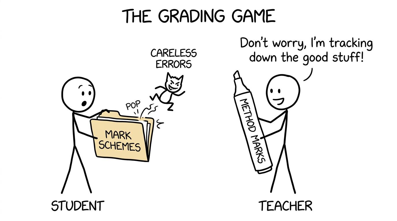 A gremlin jumps out of a folder labelled Mark schemes