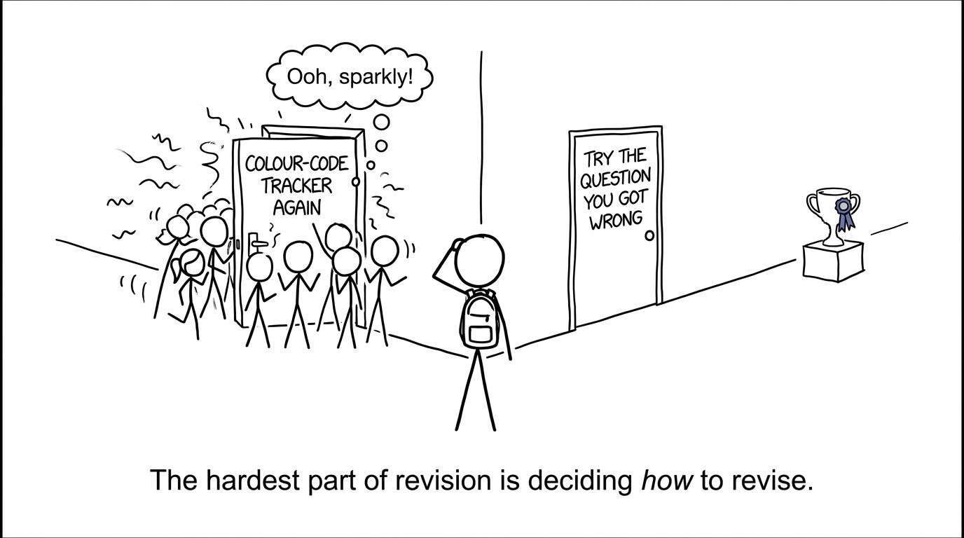 A student chooses between colour-coding a tracker and retrying a difficult question