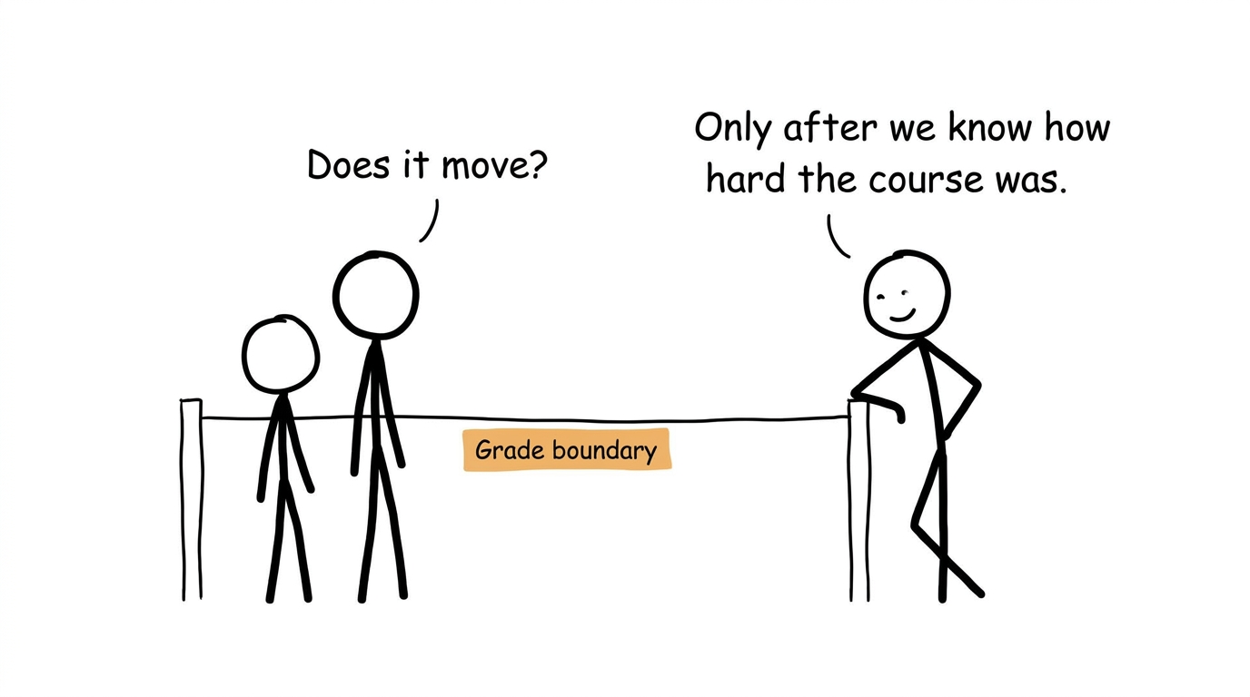 Students discovering that the grade-boundary limbo bar can move