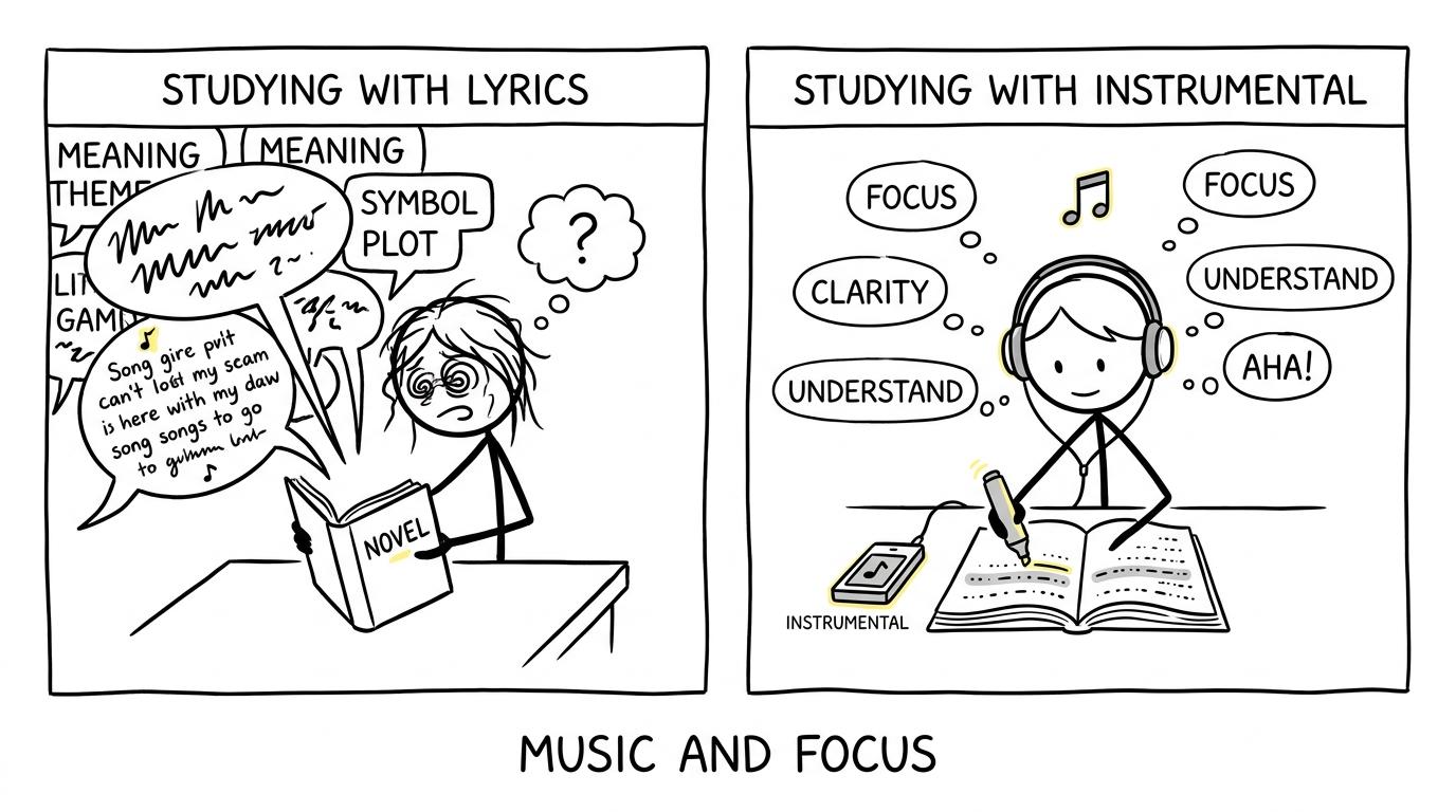 Song lyrics compete with a book in one panel while quiet instrumental music stays in the background in another