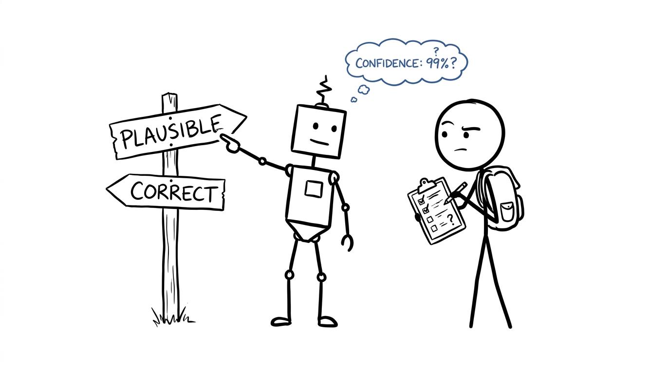 A robot confidently chooses plausible while a student looks for what is correct
