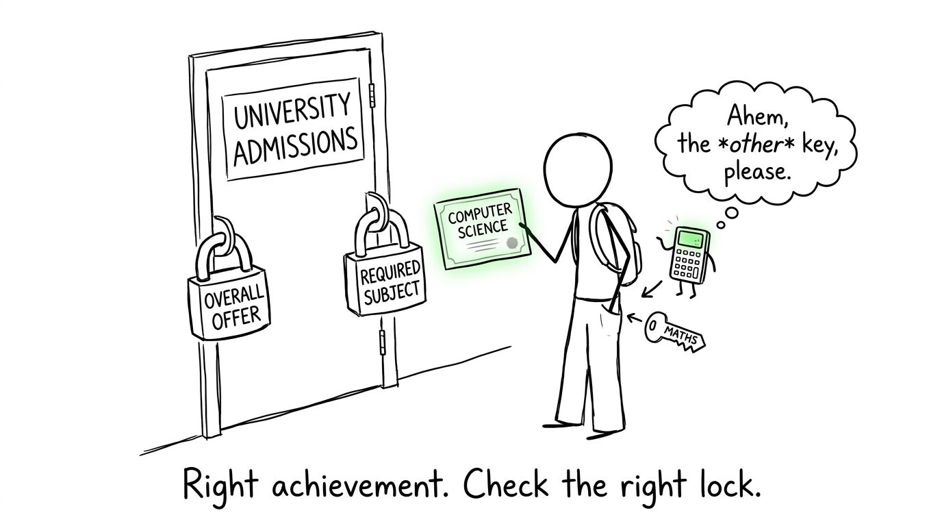 A computer and calculator explaining the two locks on a university offer