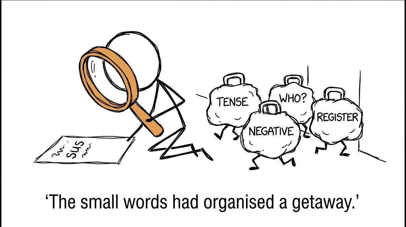An examiner watches small meaning-changing words escape from a student's revision