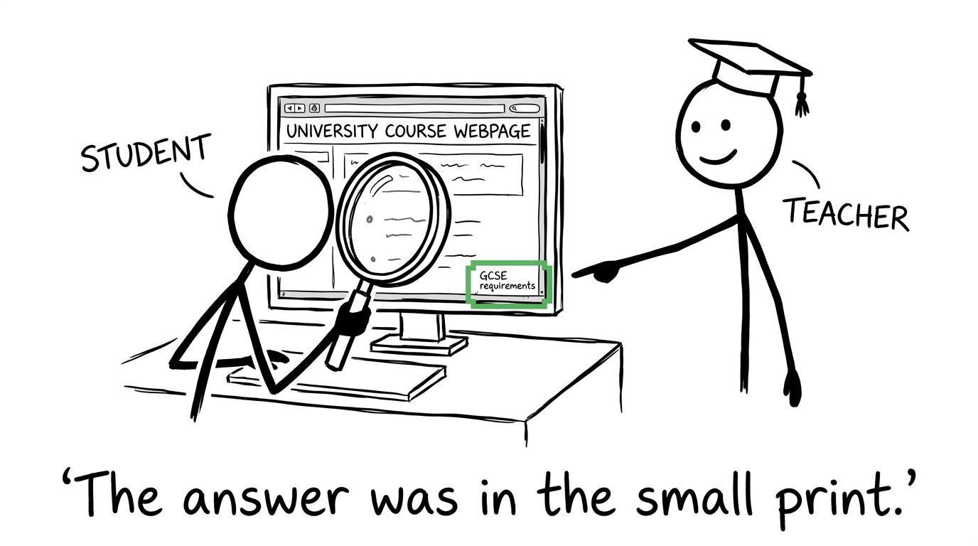 A student finds the answer in the course-page small print
