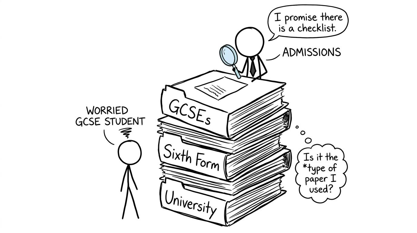 A student and an admissions officer confront a towering checklist of qualifications