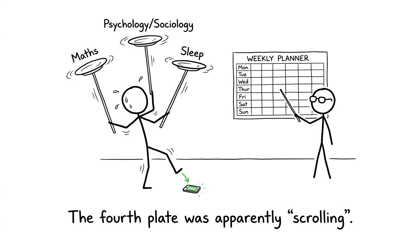 A student balancing maths, an essay subject and sleep while a forgotten plate represents scrolling