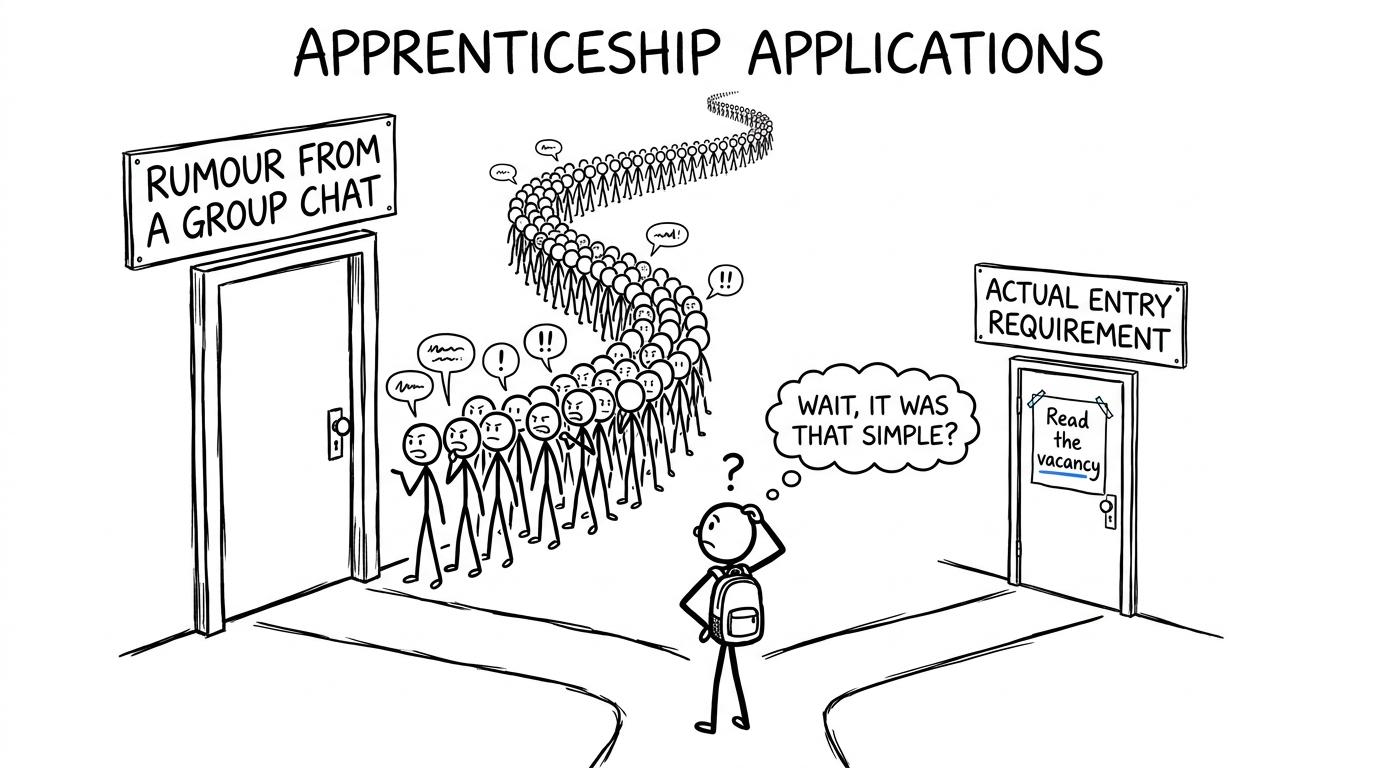 A student chooses between reading an apprenticeship vacancy and following a group-chat rumour