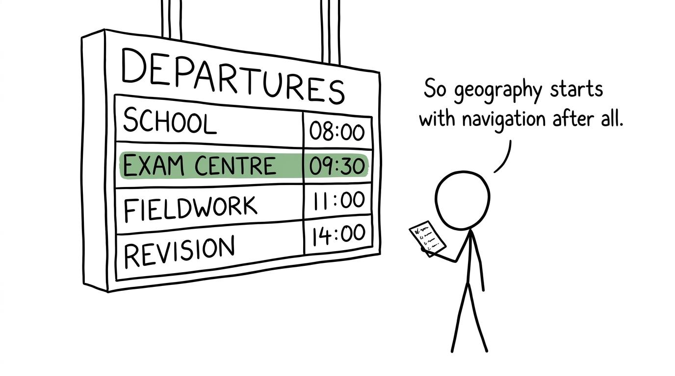 A student navigates a comically large board showing school, exam centre, fieldwork and revision