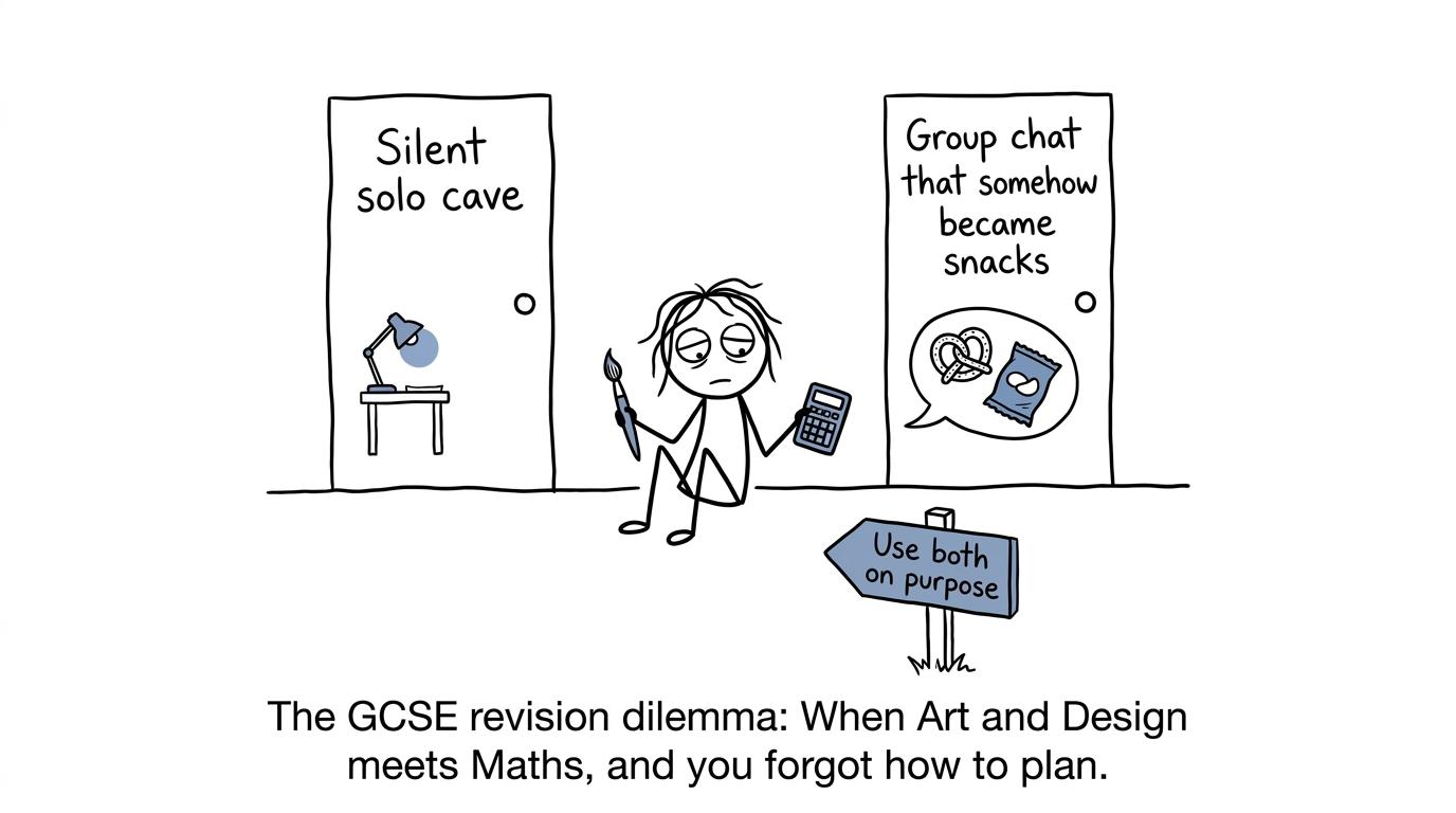 A GCSE student choosing between a silent solo cave, a distracting group and a sensible hybrid approach
