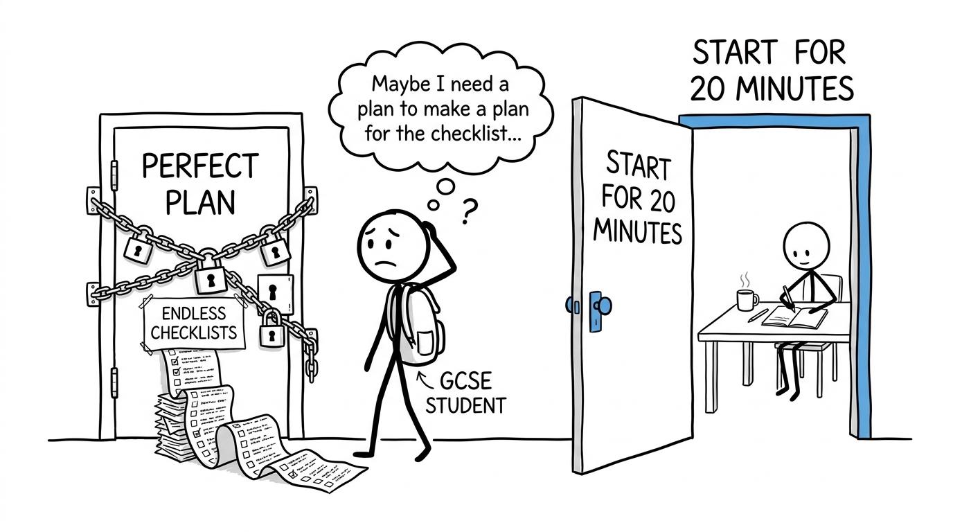 A student chooses the open door marked start for twenty minutes instead of waiting for a perfect plan