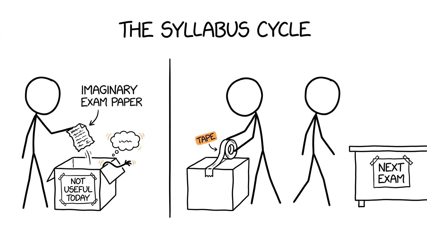 A student files away an imaginary exam paper and turns towards the next task