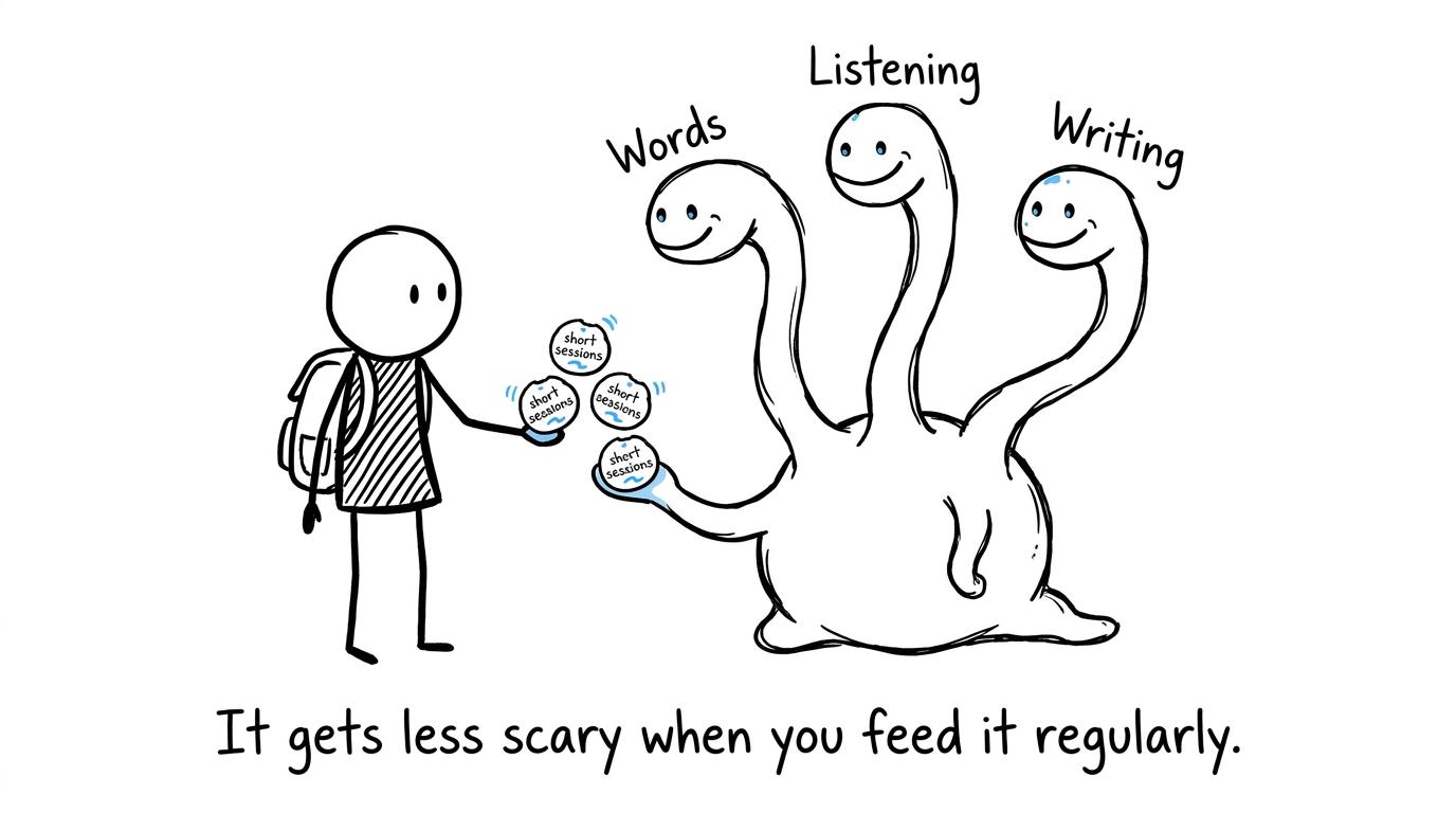 A friendly revision creature being fed short sessions