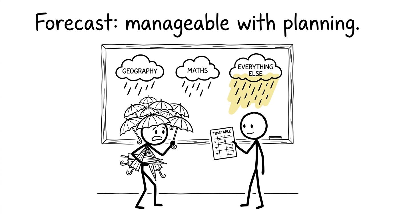 An exam-season weather forecast made manageable by a timetable
