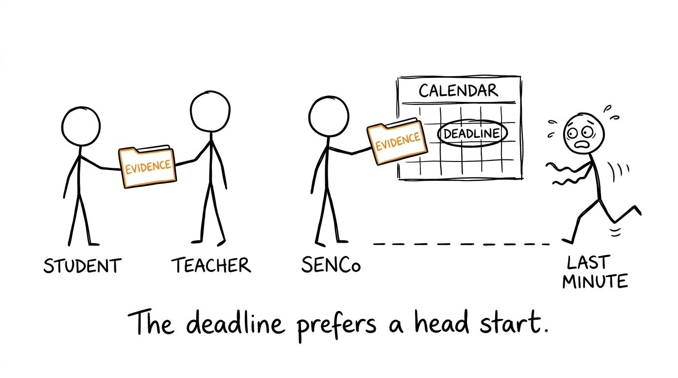 A teacher, student and SENCo passing evidence towards a calendar before the last-minute runner arrives
