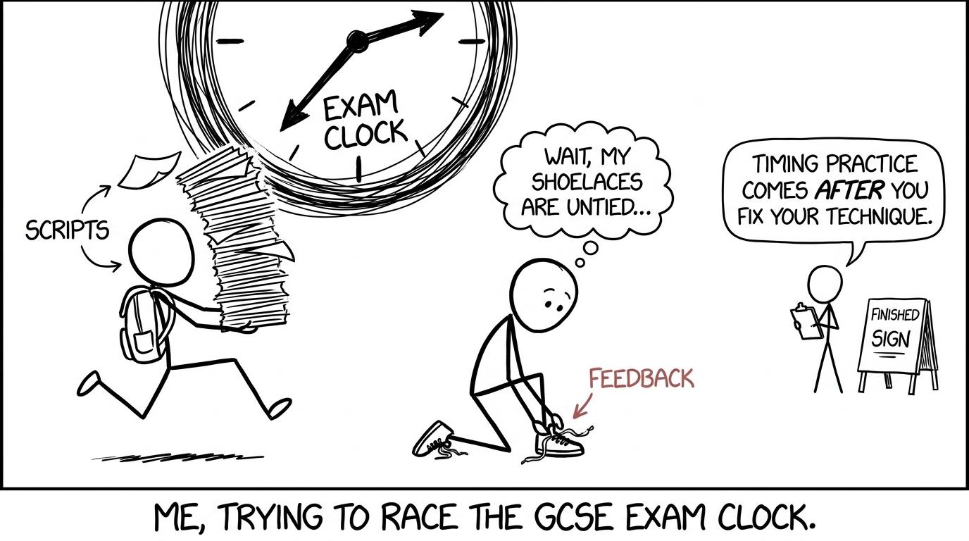 A student pauses an exam-clock race to tie feedback shoelaces