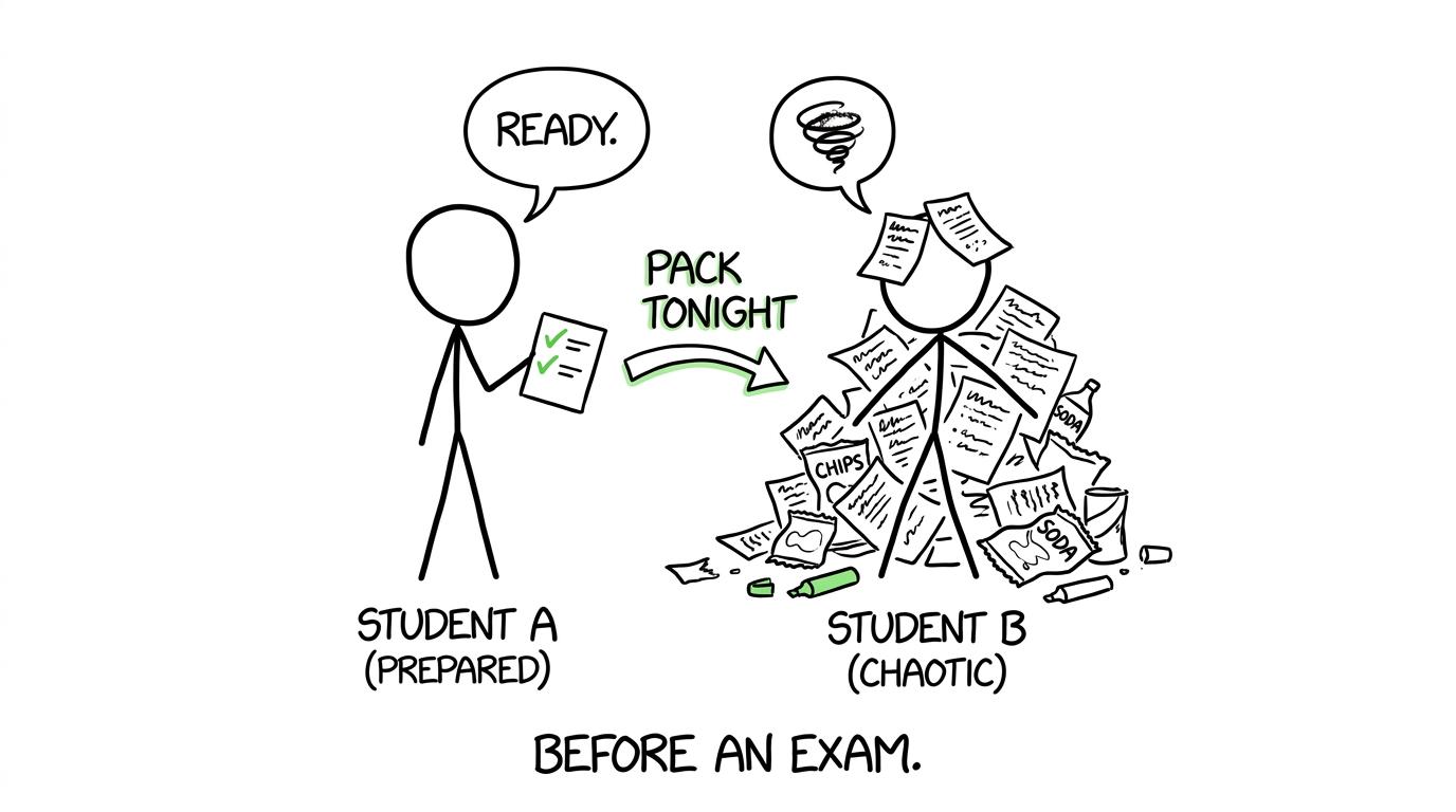 One student packs calmly while another disappears beneath an avalanche of revision notes