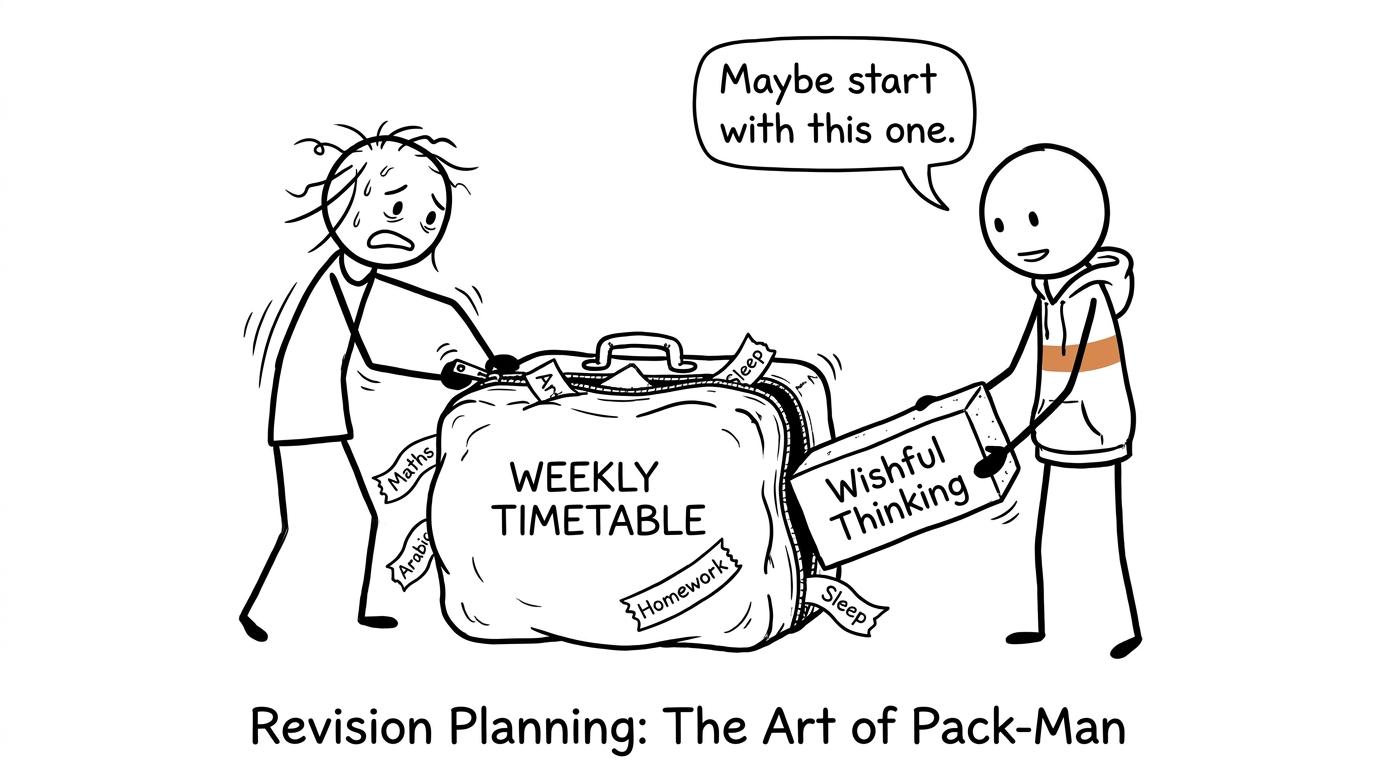 A student tries to close an overfilled weekly timetable suitcase