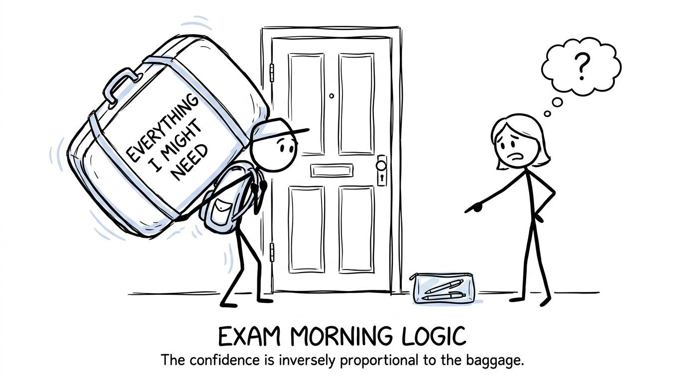 A student discovers that a tiny clear pencil case is calmer than an enormous exam suitcase