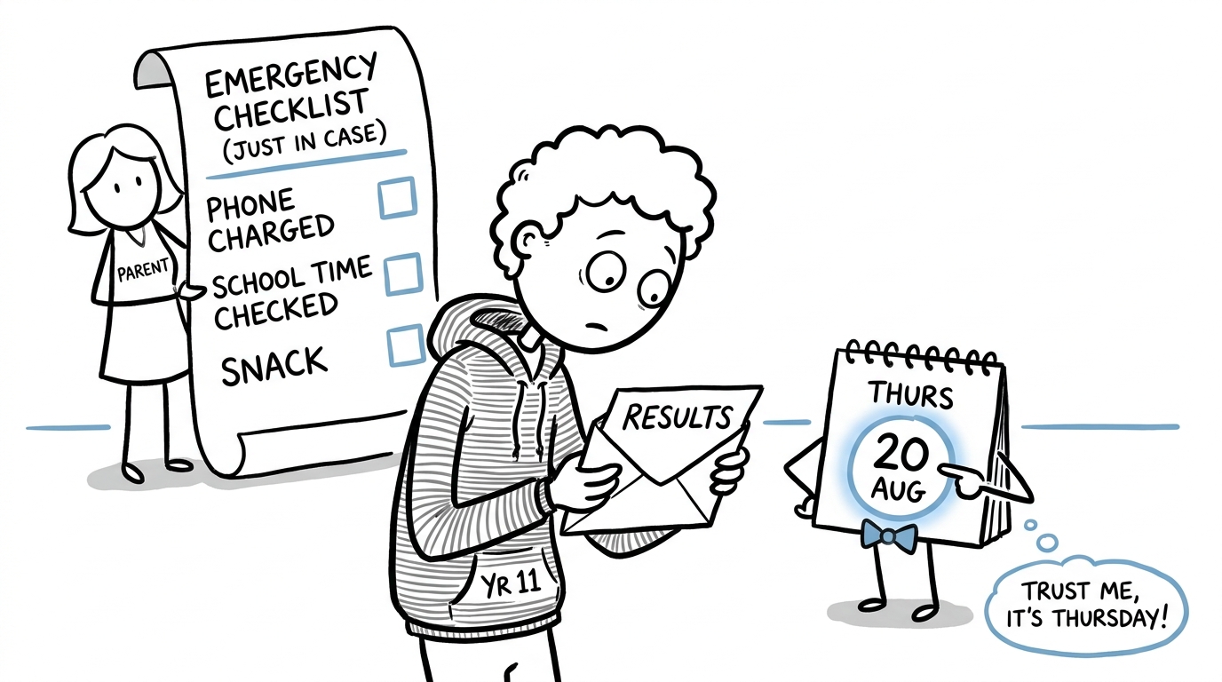 A student, calendar and oversized results-day checklist
