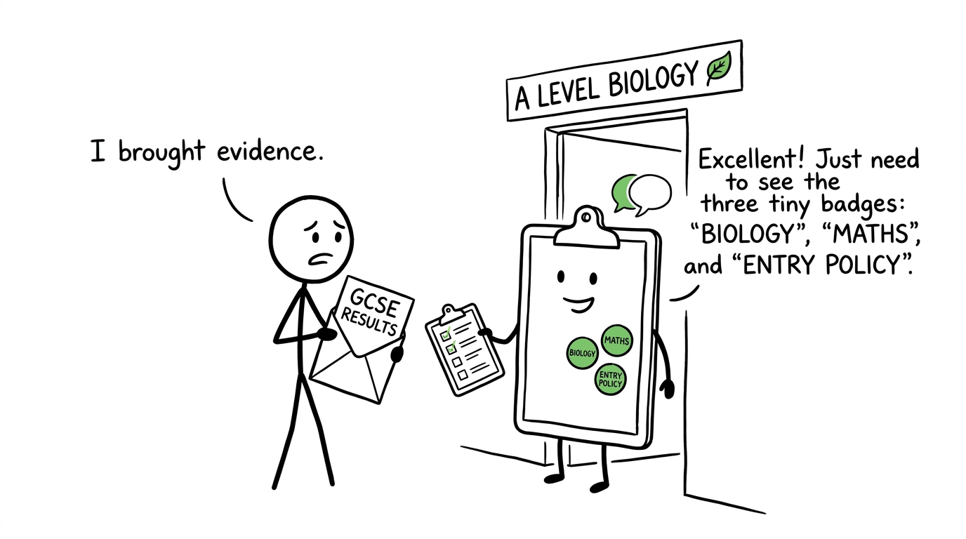A student presenting GCSE evidence at the A Level Biology doorway