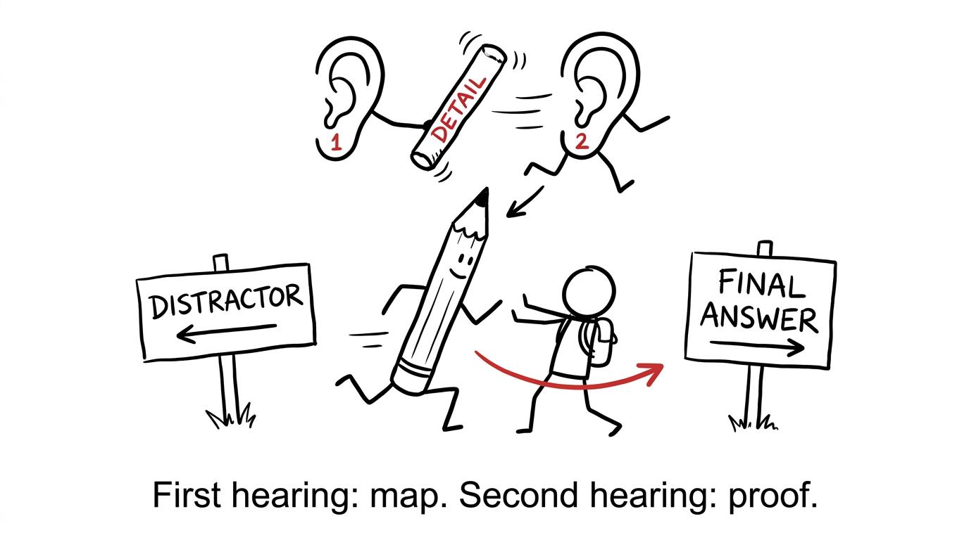 Two ears passing a detail to a pencil while avoiding a distractor