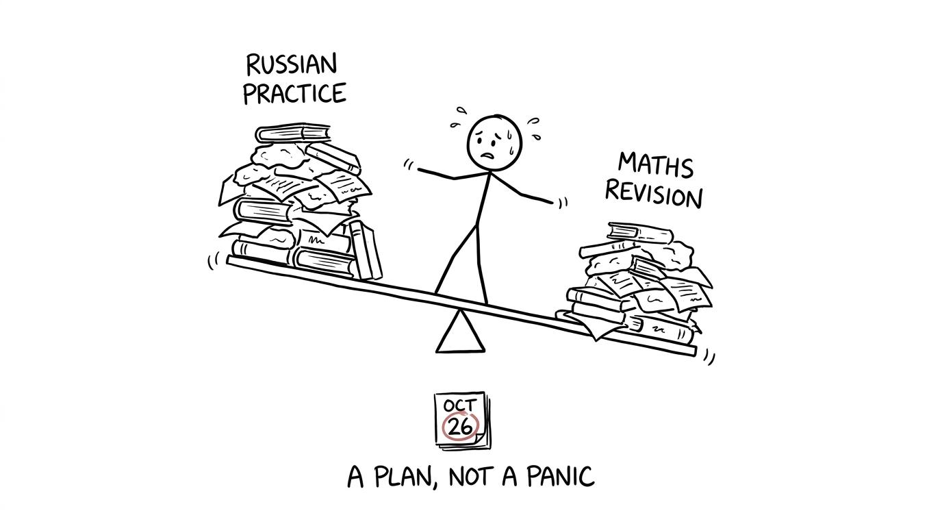 A student balancing Russian practice and maths revision