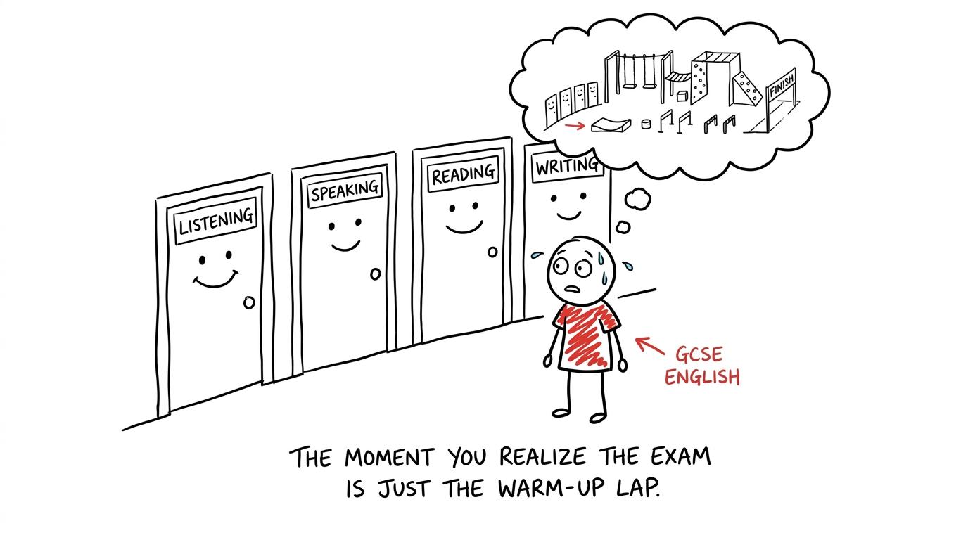 A student facing four friendly exam-skill doors