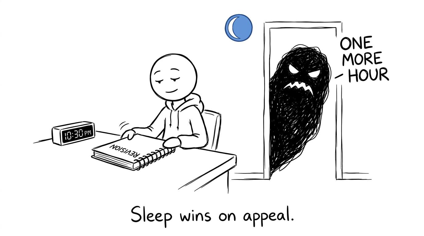 A calm student ending revision while the one-more-hour monster waits outside
