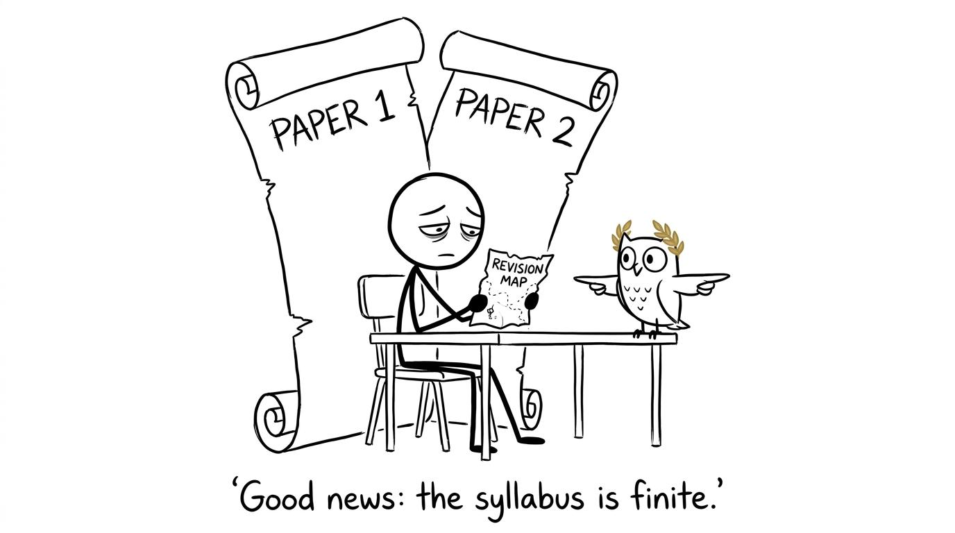 A student navigating two enormous revision scrolls with an unhelpfully confident classical owl