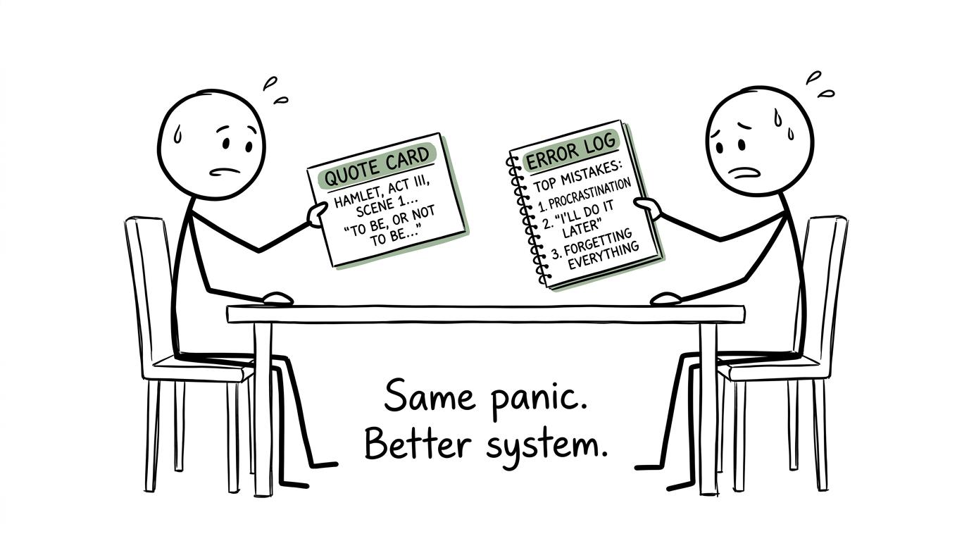 Two students exchanging a quotation card and an error log with the caption Same panic. Better system.