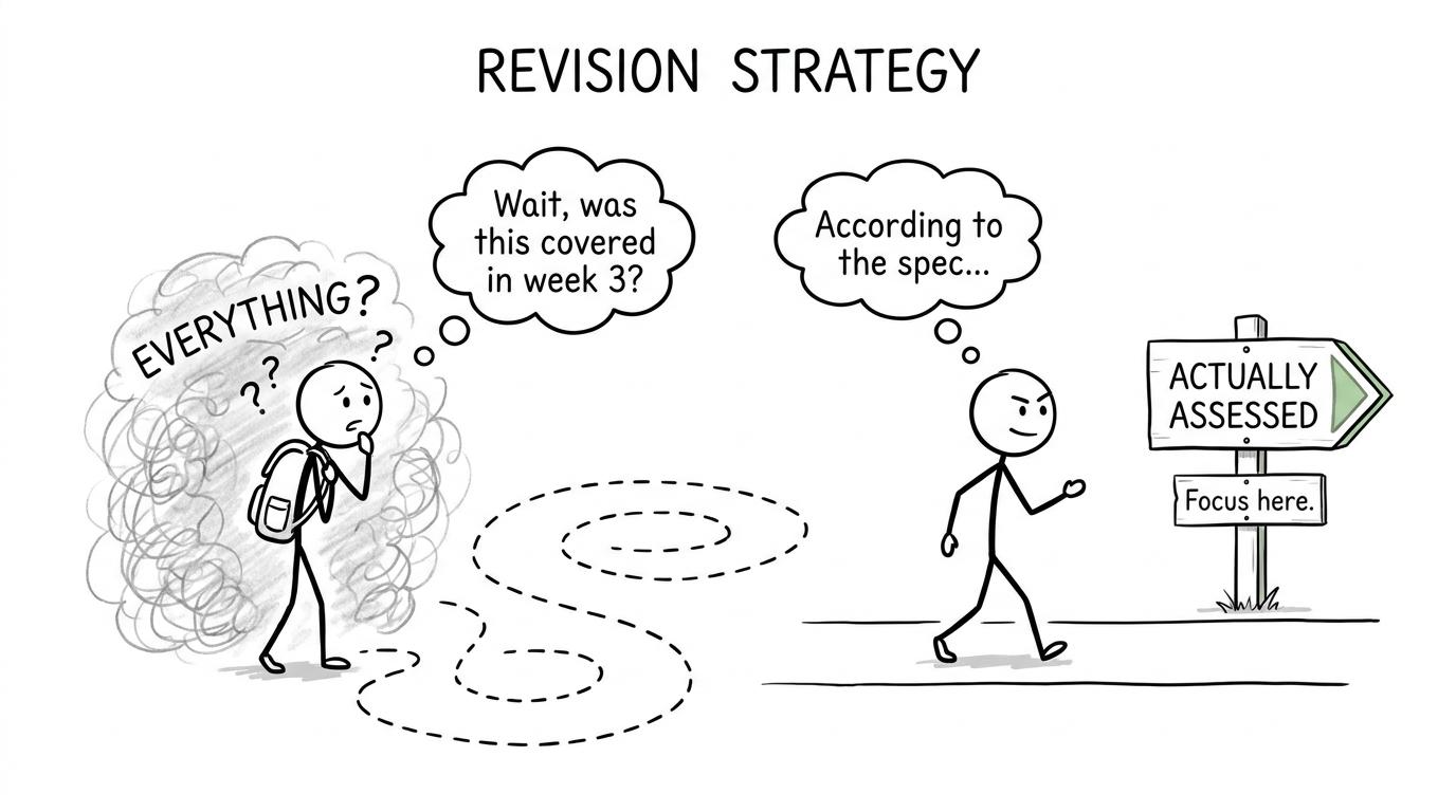One student follows the assessed-content signpost while another revises everything