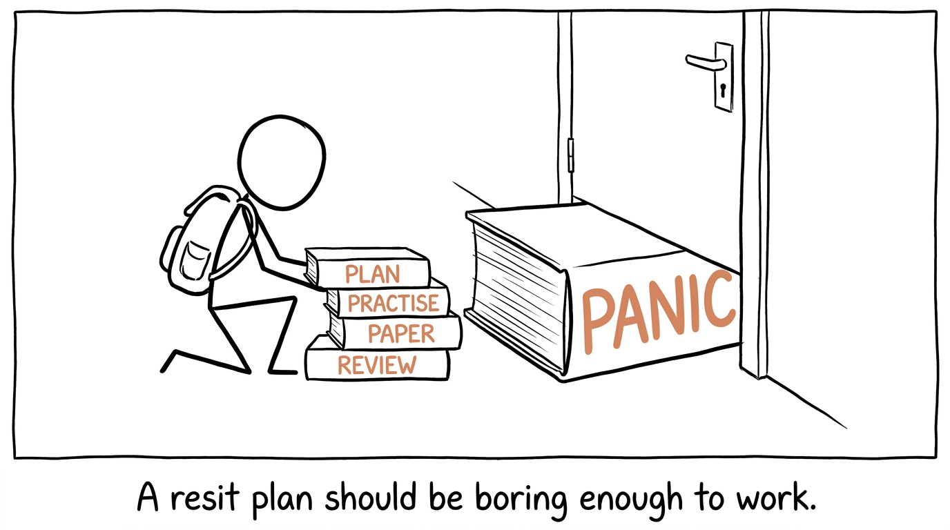 A student building a calm resit plan while using panic as a doorstop