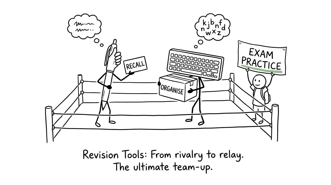 A pen and keyboard forming a revision relay team