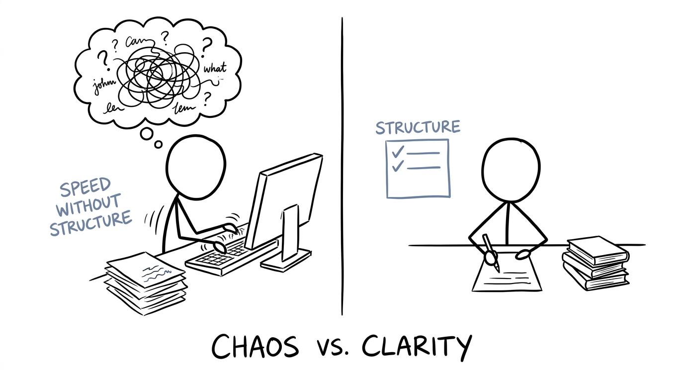 One student types a tangled sentence while another calmly consults a tiny checklist