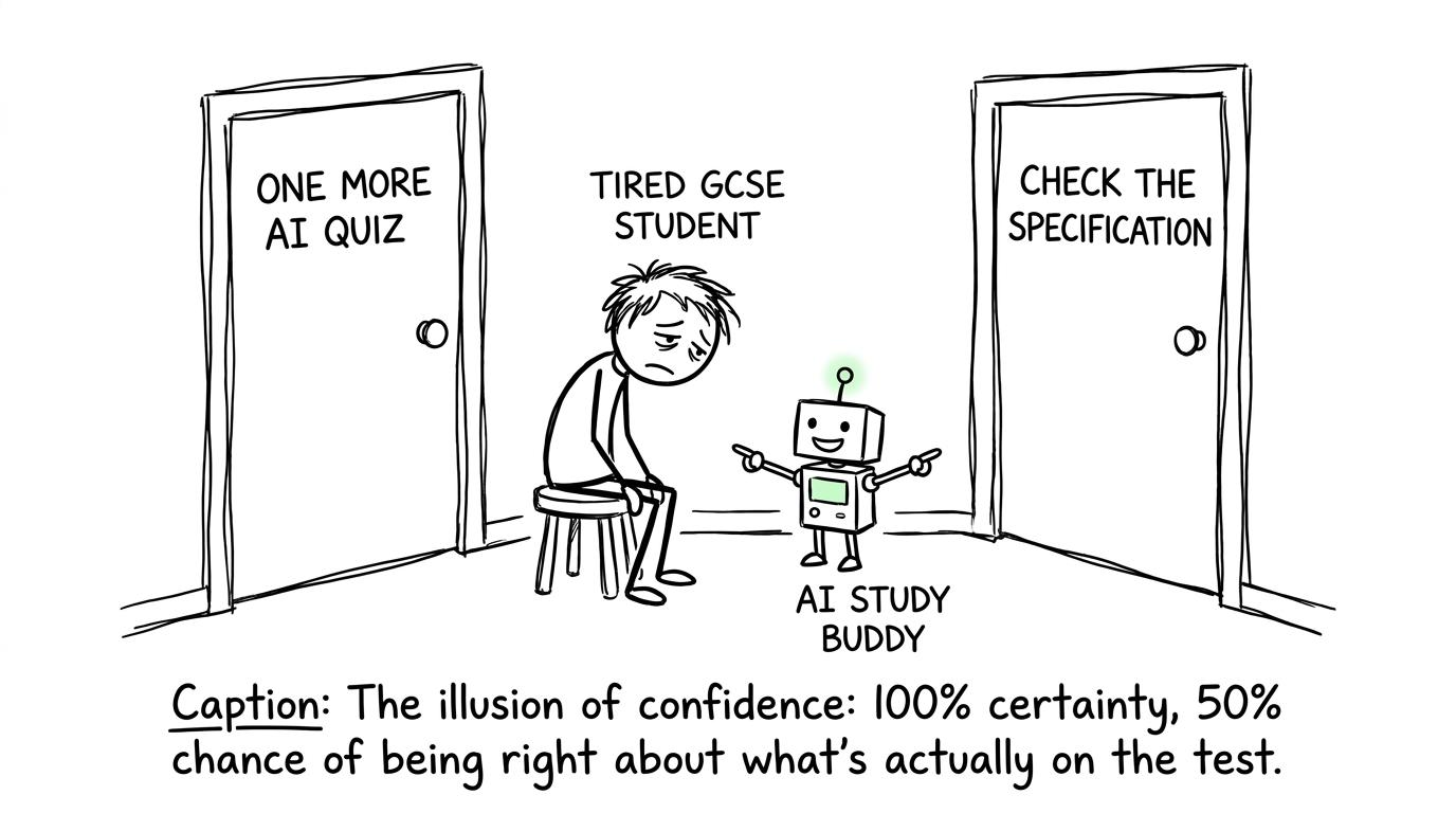 A student choosing between another AI quiz and checking the specification