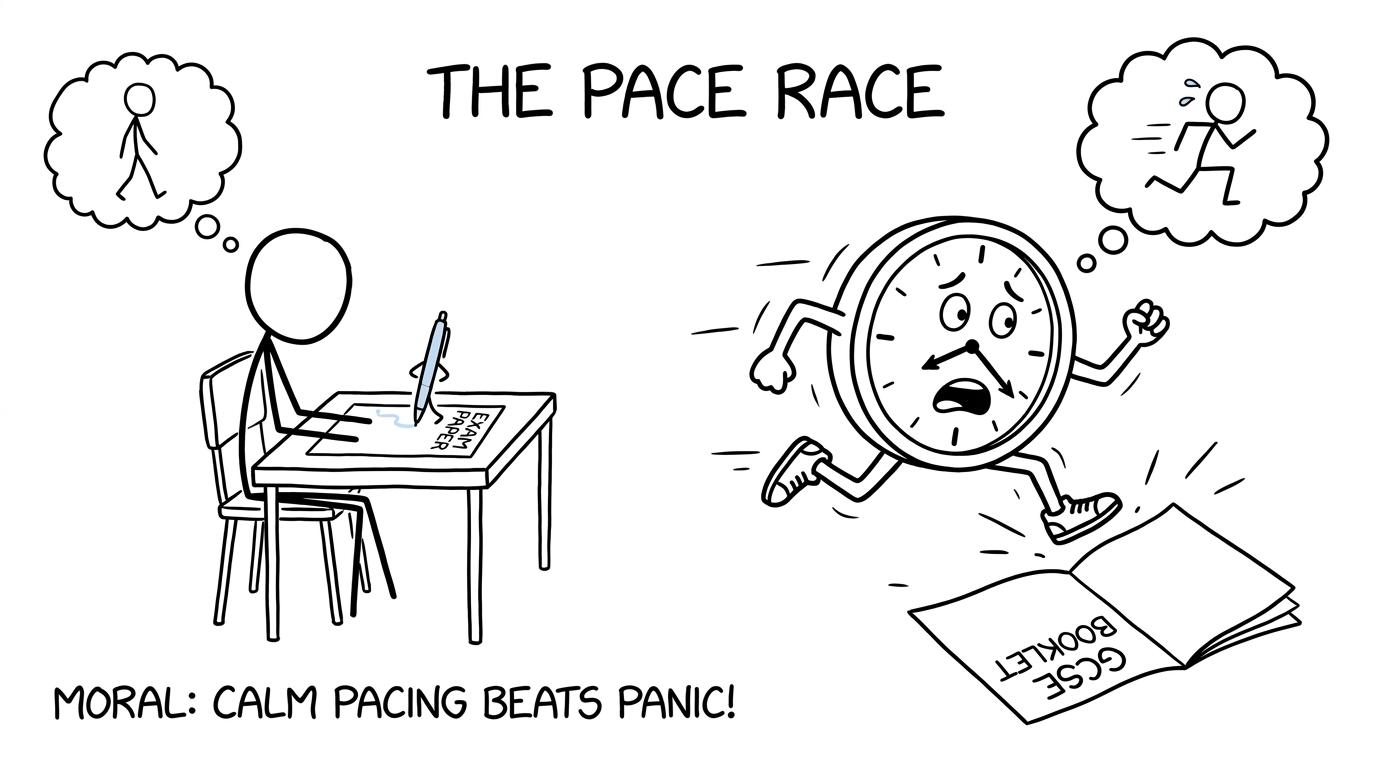 A student's calm pen outpaces a cartoon exam clock