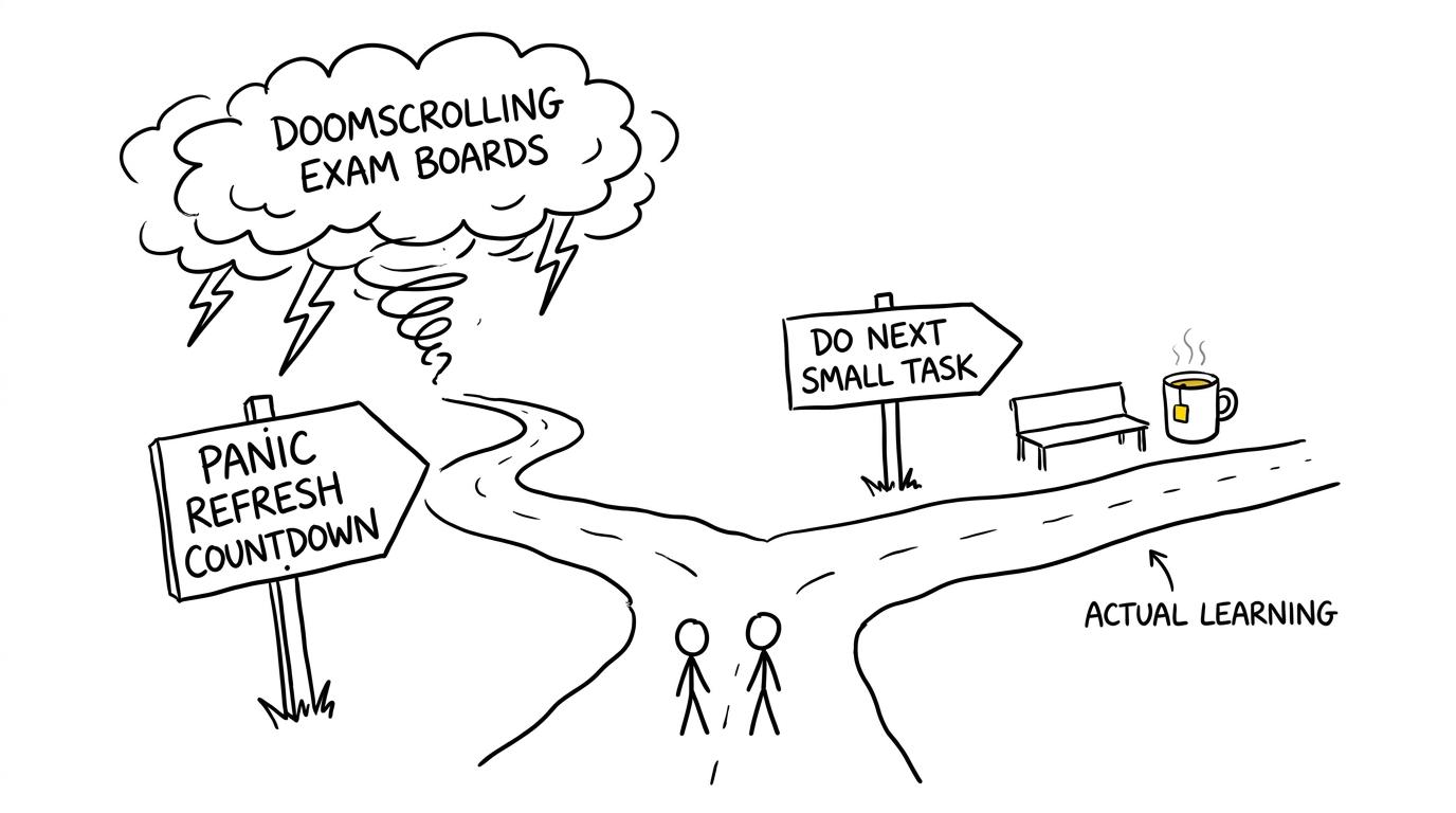 Two revision routes lead towards panic-refreshing or the next small task
