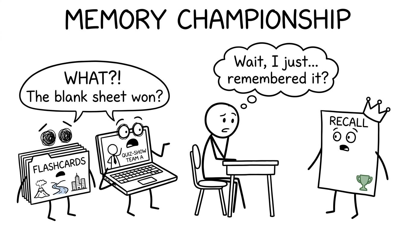 Handwritten cards and a laptop discover that active recall has won the revision trophy
