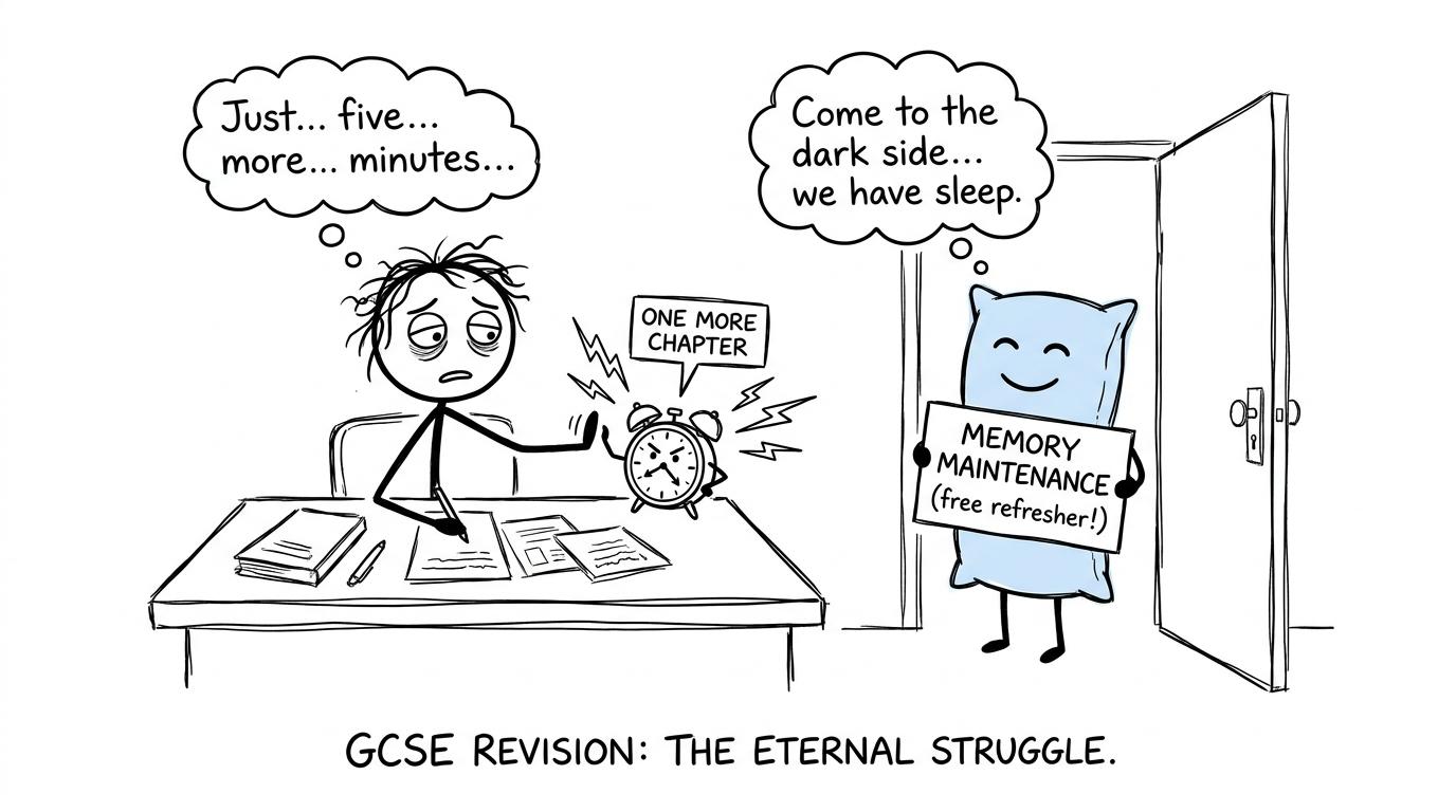 A tired student negotiates with an alarm clock while a pillow offers memory maintenance