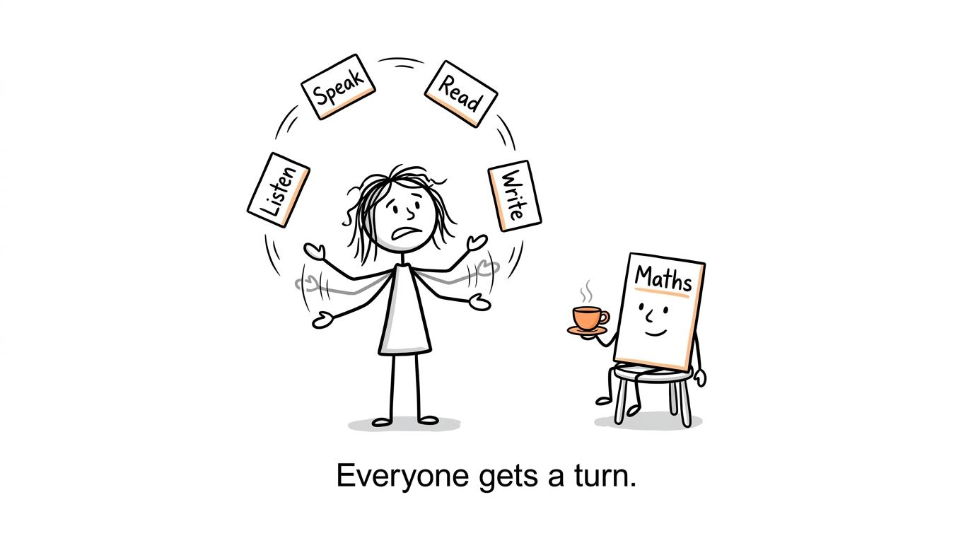 A student juggling Bengali skill cards while maths waits with tea