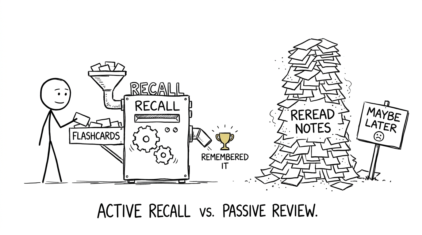 A recall machine producing remembered knowledge while reread notes wait nearby