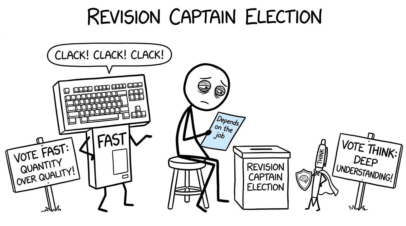 A GCSE student choosing between a fast keyboard and a thoughtful pen