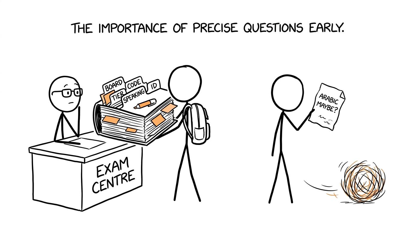 An organised candidate asks an exam centre precise questions while another arrives with a vague note