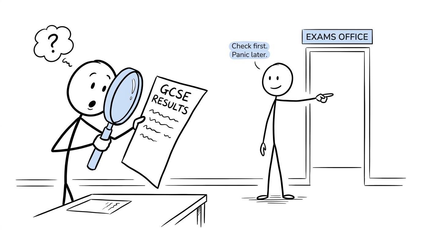 A student calmly investigates a surprising GCSE grade with help from a teacher
